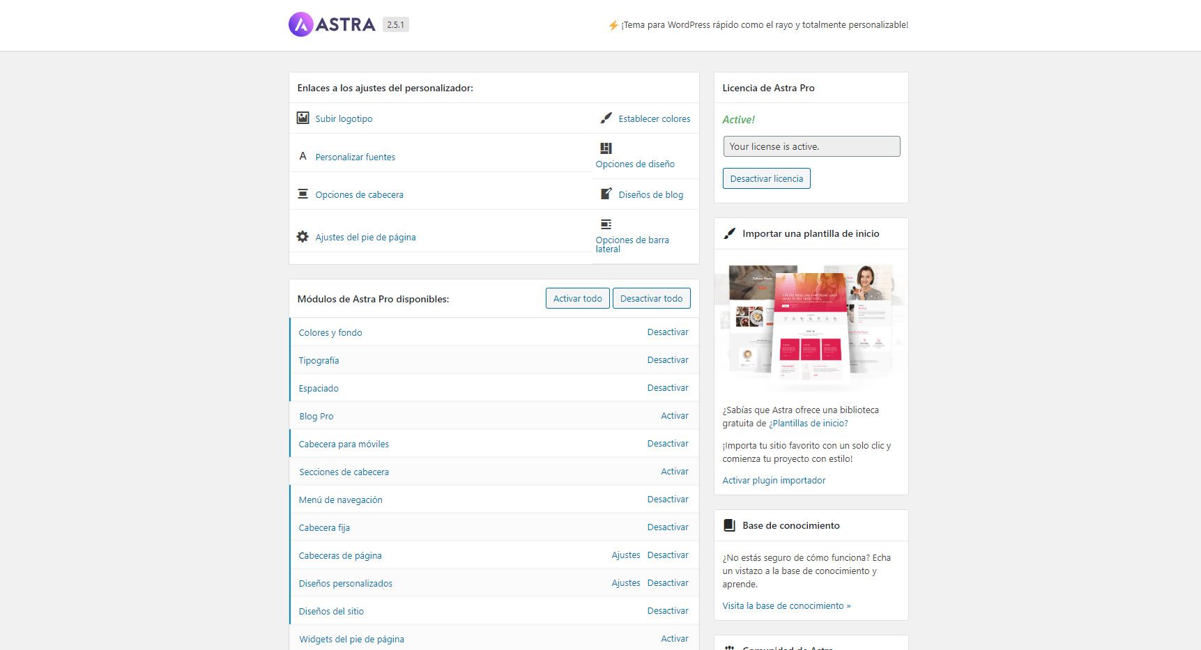 Opciones de Astra curso WordPress